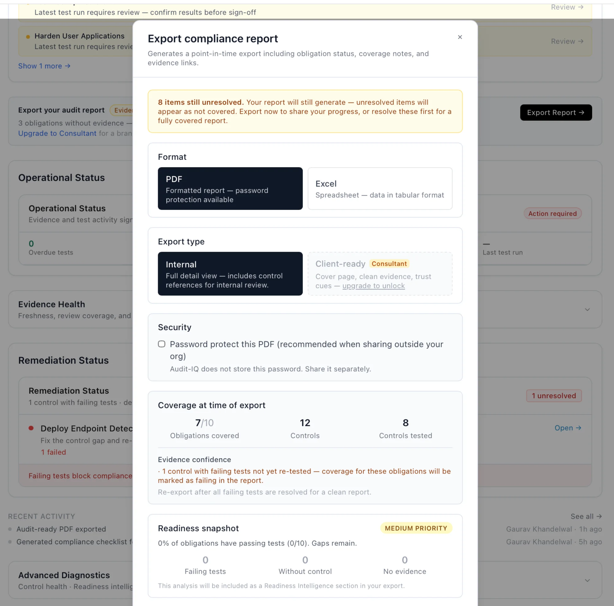 Export compliance report dialog showing 7/10 obligations covered, PDF and Excel format options, internal and client-ready export modes