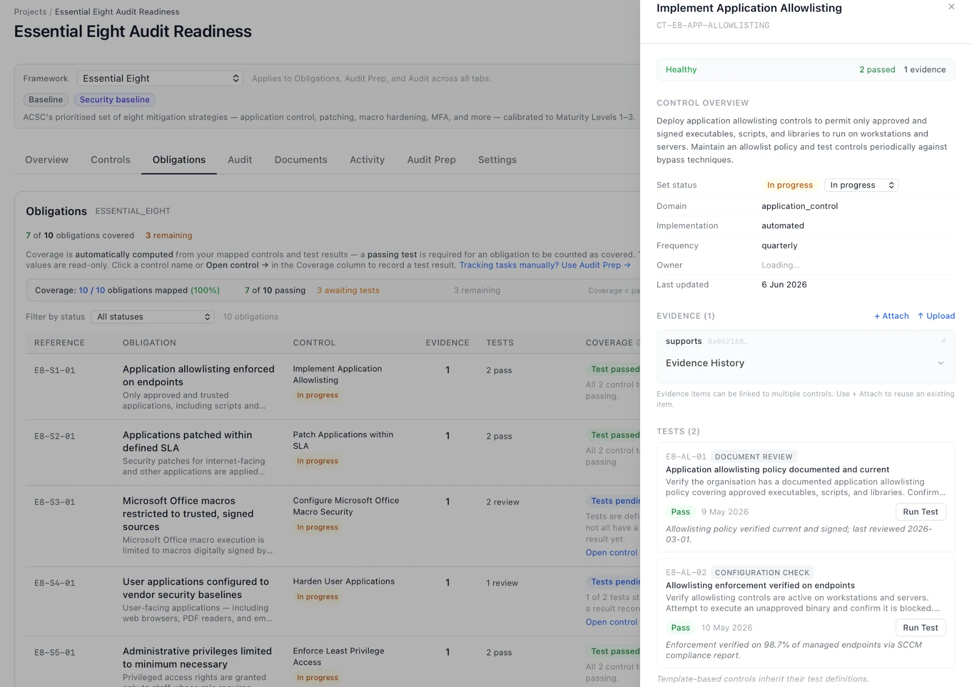 Compliance graph view showing obligations linked to controls and evidence with computed coverage status