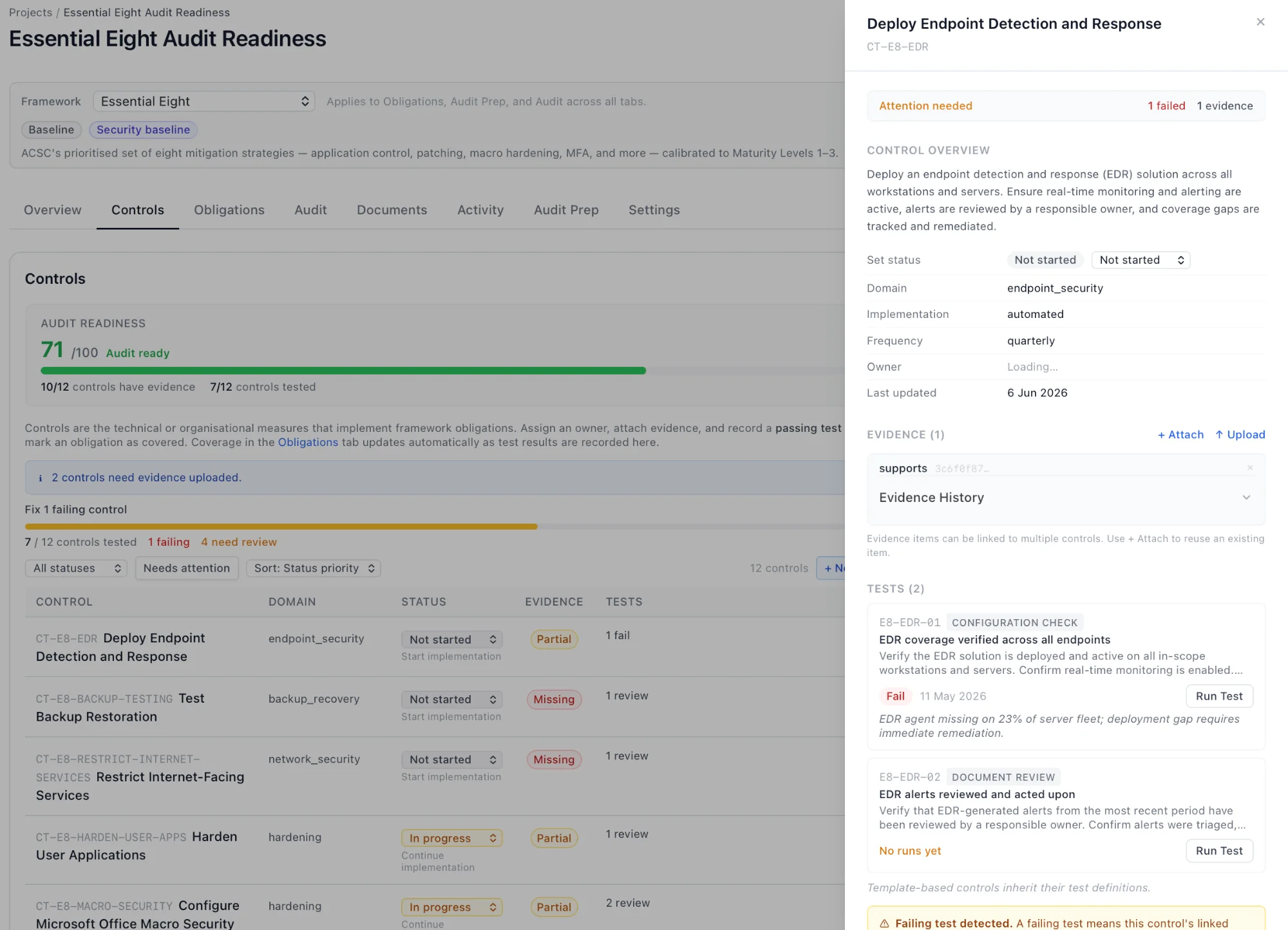 Evidence management view showing obligation-to-evidence links with keyword-matched suggestions and control side panel open